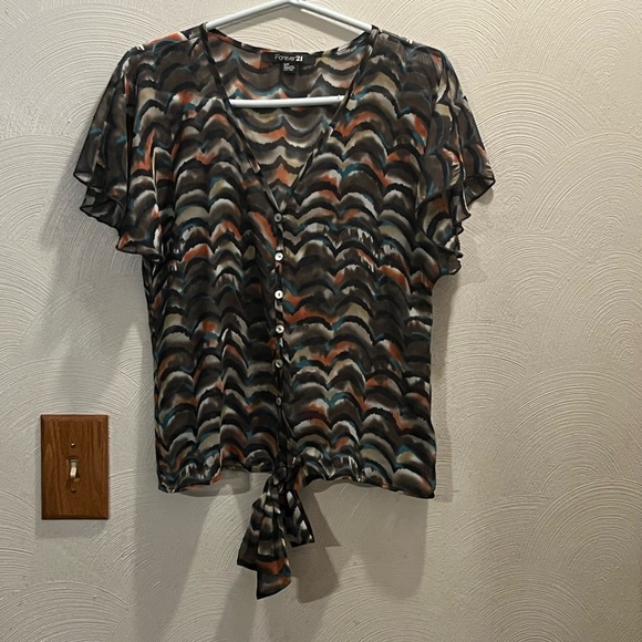 Forever 21 Sheer Watercolor Wave Print Blouse w/ Pearlized Buttons, Front ties. - Picture 1 of 7